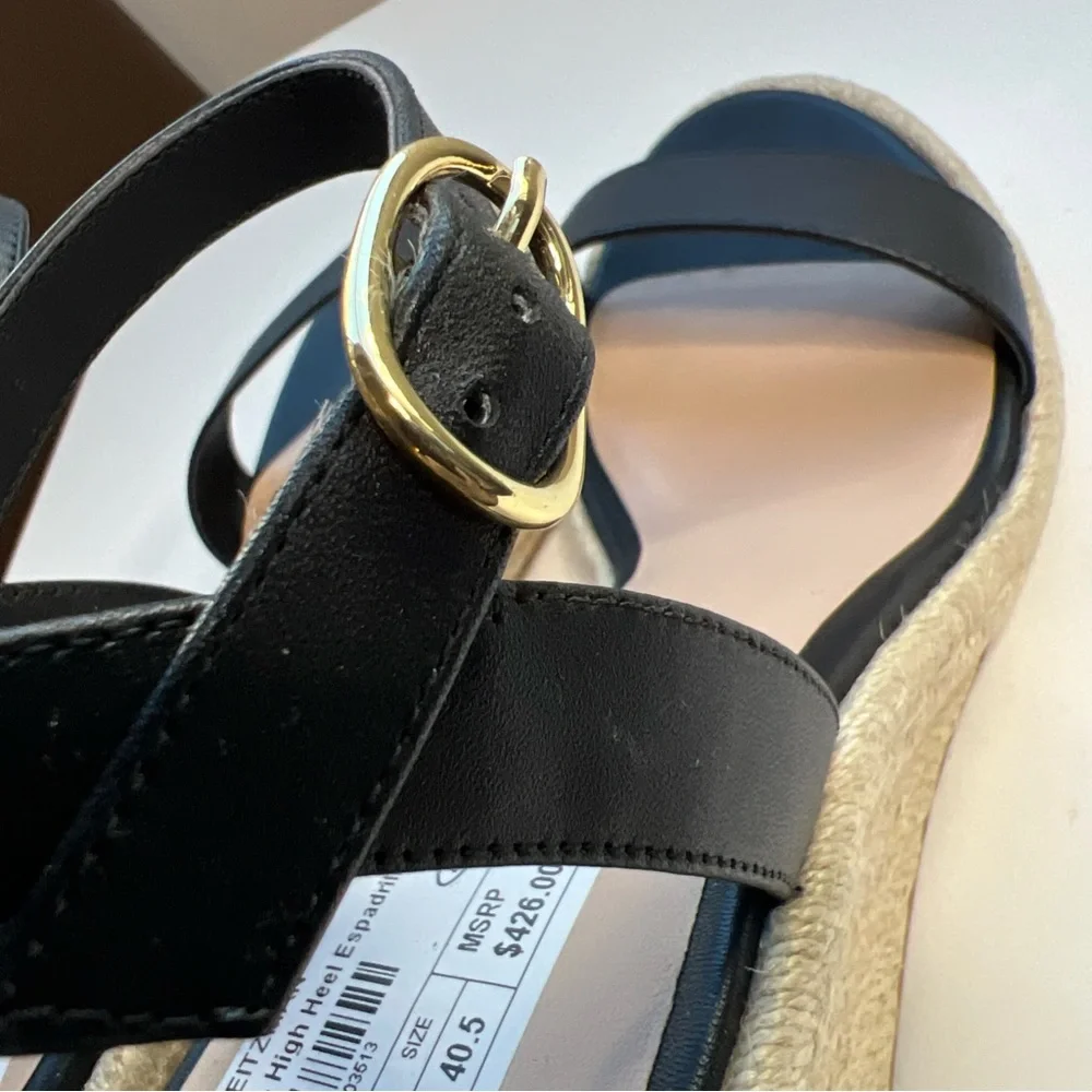 Stuart Weitzman Teddi Wedge Heel Leather Espadrille Sandals Womens 9.5 Black New